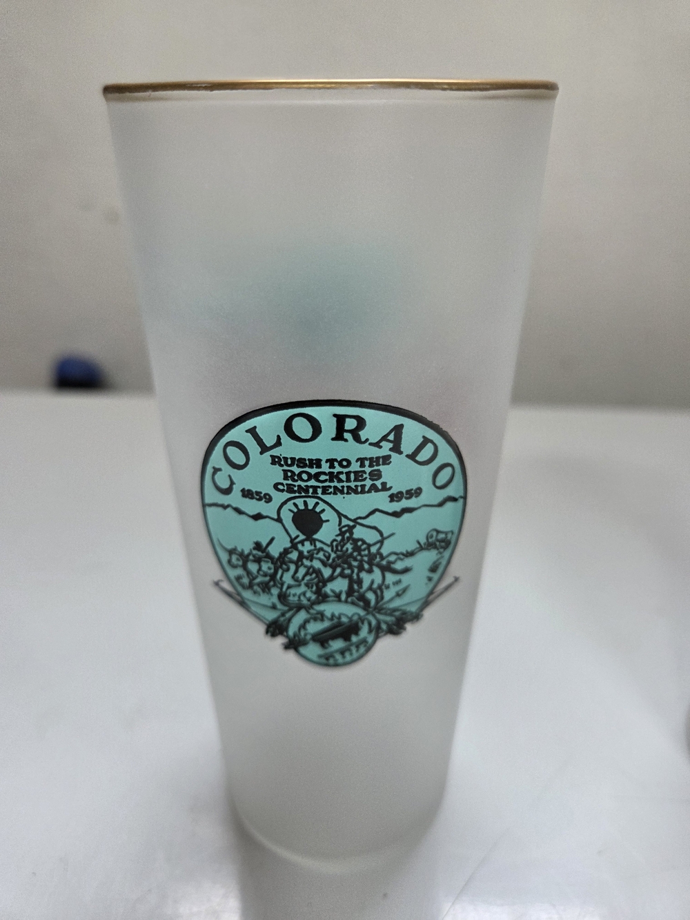 Set Of 4 Colorado Centennial Frosted Glass Tumblers with Teal Logo